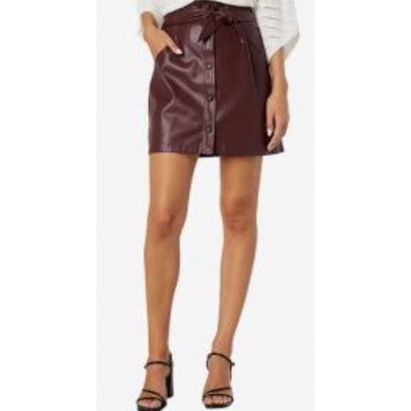 Bishop & Young Burgundy Vegan Leather Mini Skirt Small Button Up Tie Waist Retro - Picture 2 of 11